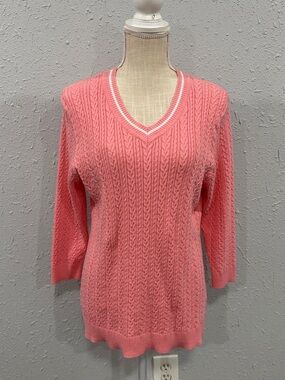 Croft & Barrow Coral‎ Pink Old Money Cable Knit V-Neck Sweater Preppy Tennis